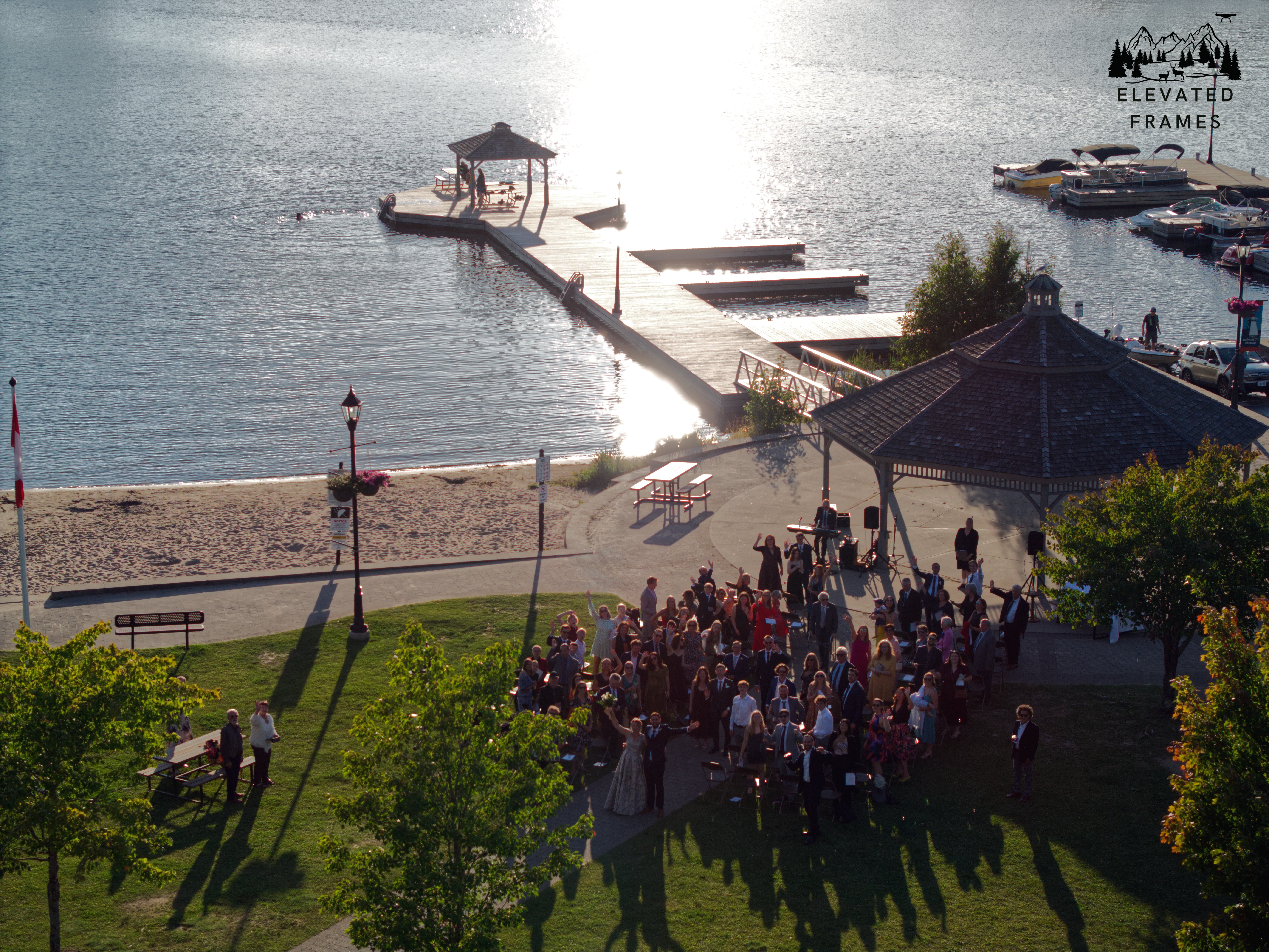 Wedding celebration captured from above at Lake Rosseau